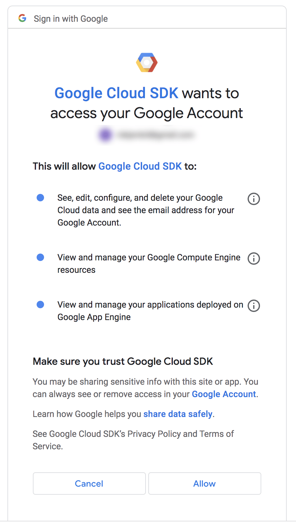 Google OAuth consent screen showing gcloud CLI access request approval dialog