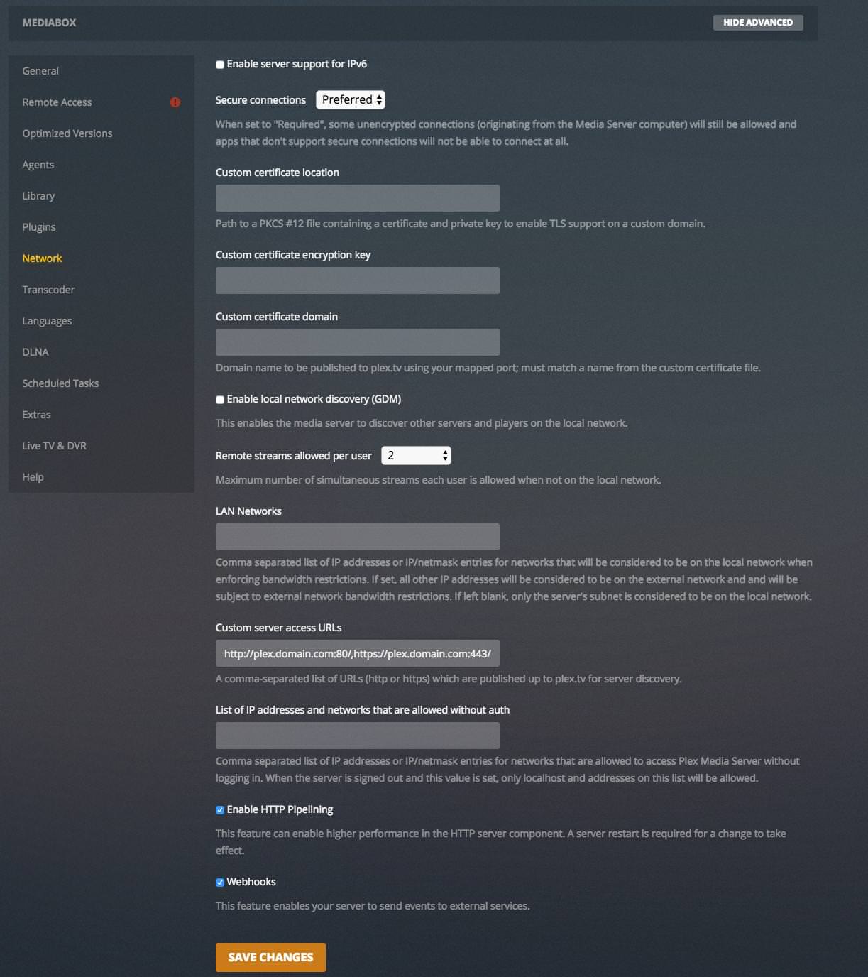 Plex Network settings page showing custom server access URLs configuration